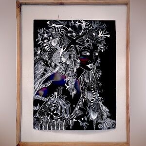 Handmade Black & White Sea Shell Mermaid Ocean Fantasy Scratchboard Artwork